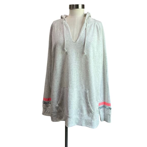 Victoria Secret Light Gray V Neck Long Tunic "LOVE" Hooded Sweater Size XL - Picture 1 of 9